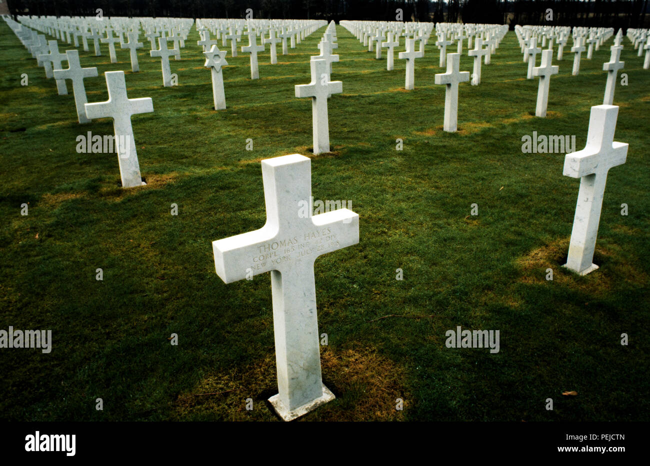 Oise-Aisne WWI cimitero americano. 1985 La Oise-Aisne American Cimitero e memoriale è un Americano cimitero militare nel nord della Francia. Tenute da A a D contiene le tombe di 6,012 soldati americani morti durante il combattimento in questa prossimità durante la guerra mondiale I, 597 dei quali non erano stati identificati, così come un monumento per 241 Americani che erano mancanti in azione durante le battaglie nella stessa zona e i cui resti non sono mai stati recuperati. Il Oise-Aisne Cimitero e memoriale americano si trova a un miglio e mezzo a est di Fère-en-Tardenois, Aisne, Picardia, Francia e circa 14 miglia (23 km a nord-est di C Foto Stock