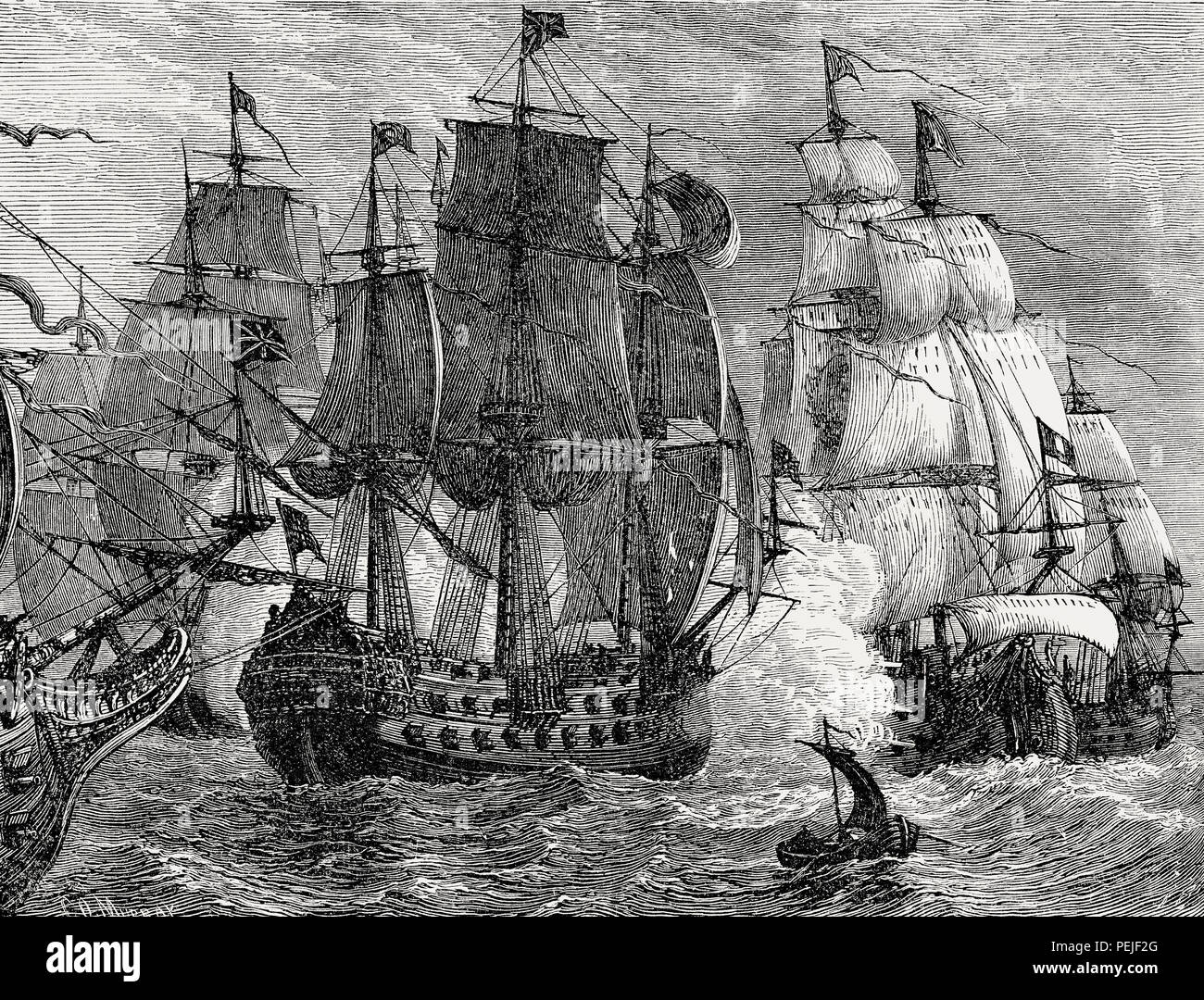 La battaglia navale di Goodwin Sands, o la Battaglia di Dover il 19 maggio 1652, prima guerra anglo-olandese, dal British battaglie di terra e di mare, da James Grant Foto Stock