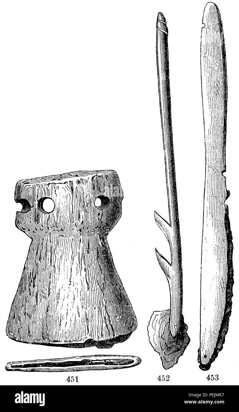 Meteo attrezzature di ferro provenienti dalla Groenlandia. 451) cuoio coltello, 452) arpione, 453) coltello, 1874 Foto Stock