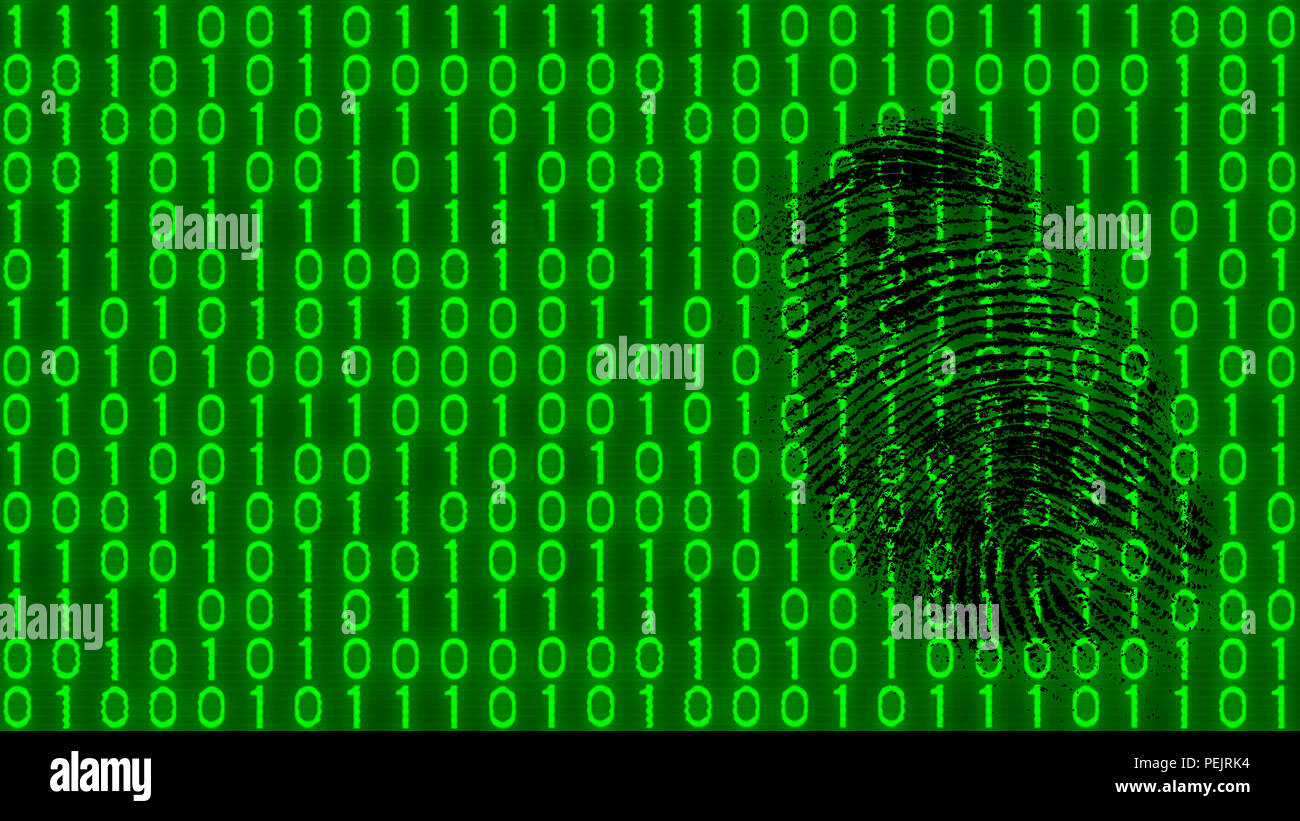 Impronte digitali nero su sfondo digitale del codice binario pattern. Texture astratta di verde a 1 e 0 cifre. Idea di digitalizzazione, software cyber spazio. Foto Stock