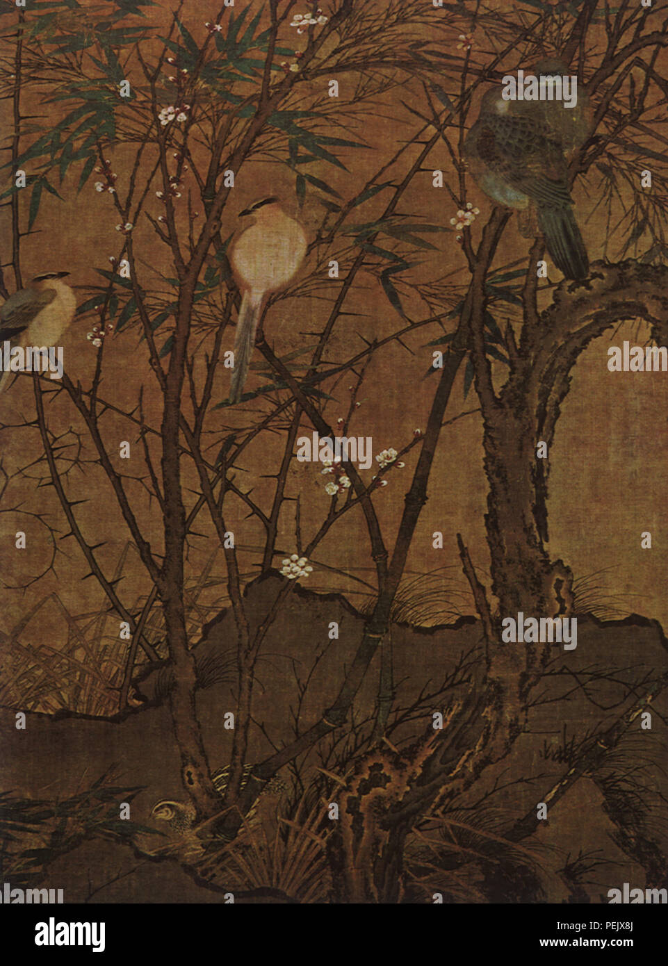 Uccelli, bambù, e prugna, artista sconosciuto. Foto Stock