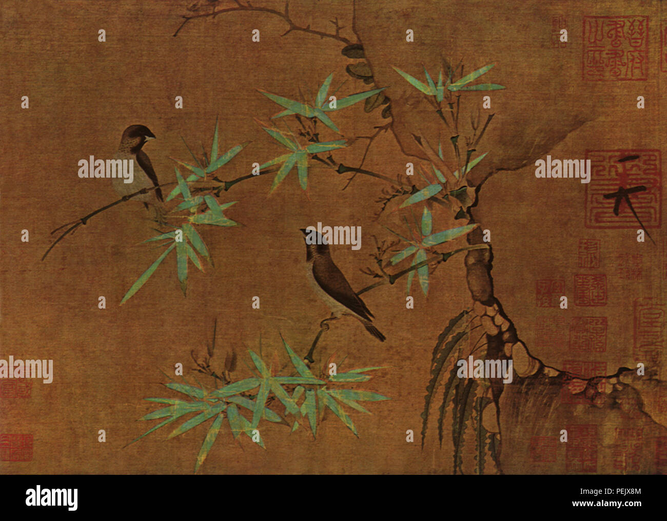 Finches sul bambù, Hui-Tsung, imperatore Foto Stock