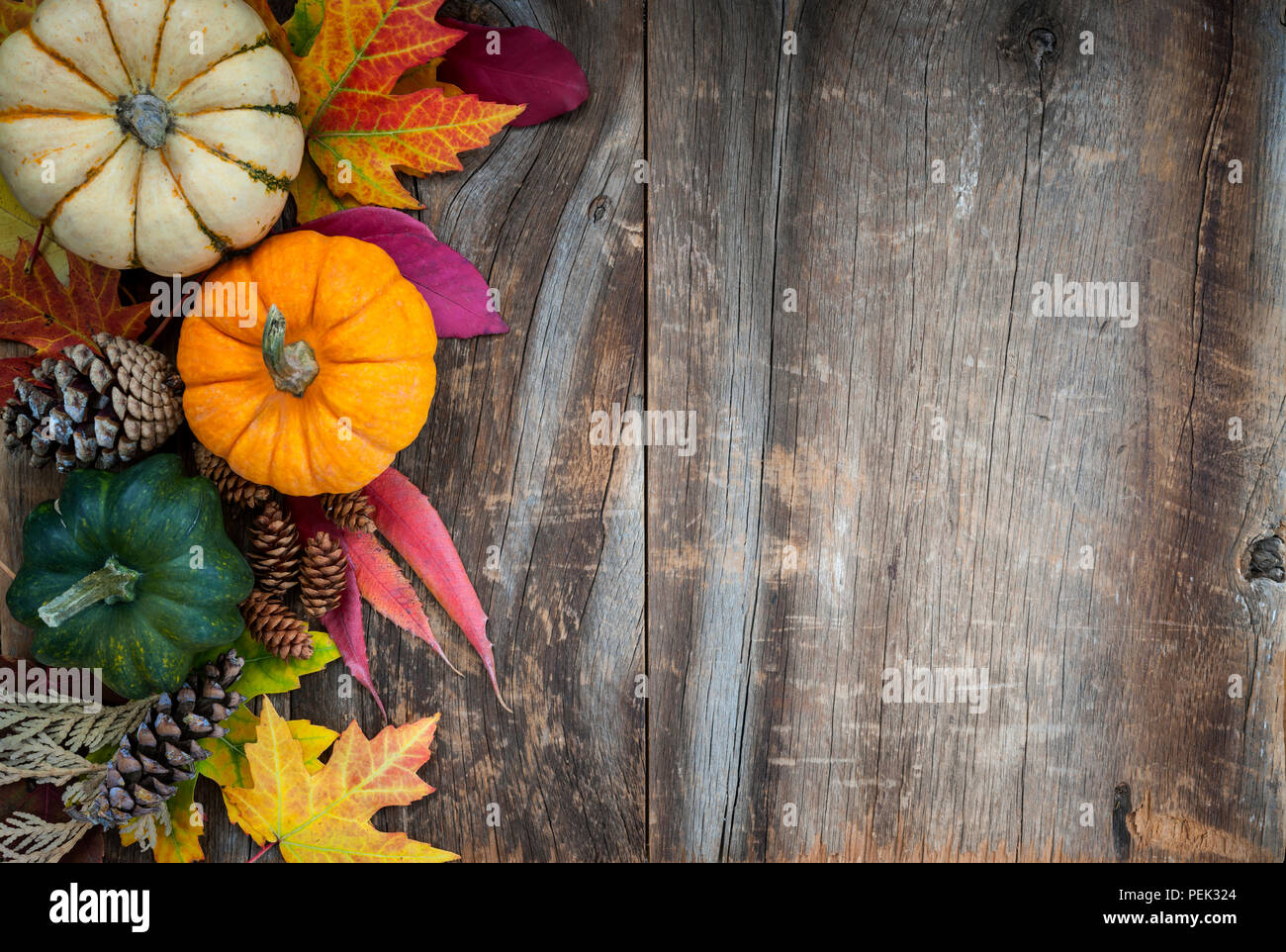 Sfondo di caduta di autunno zucche e foglie di decorazione su legno rustico con spazio di copia Foto Stock