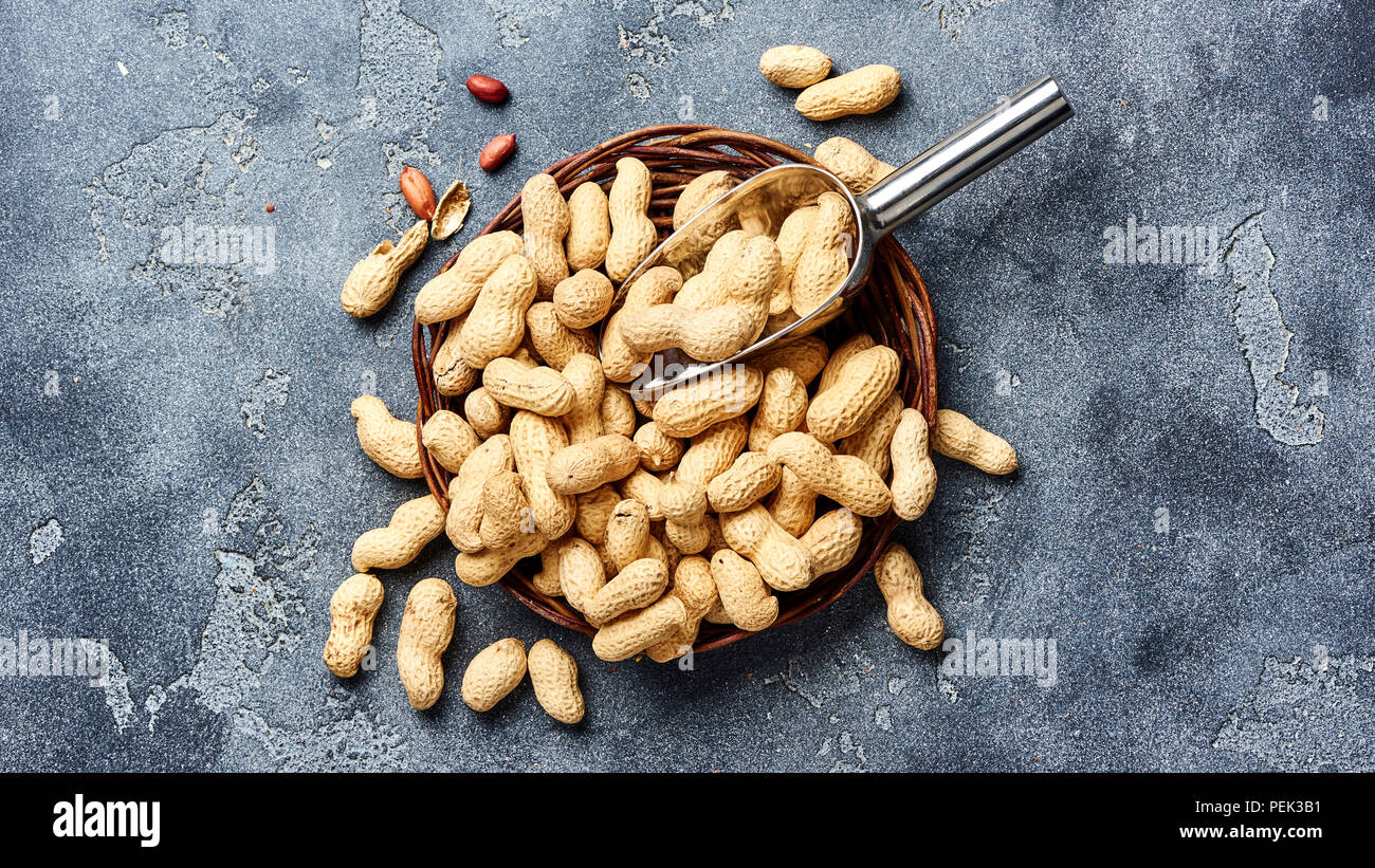 Arachidi in guscio di noce con scoop su sfondo grigio. Vista dall'alto di dadi. Foto Stock