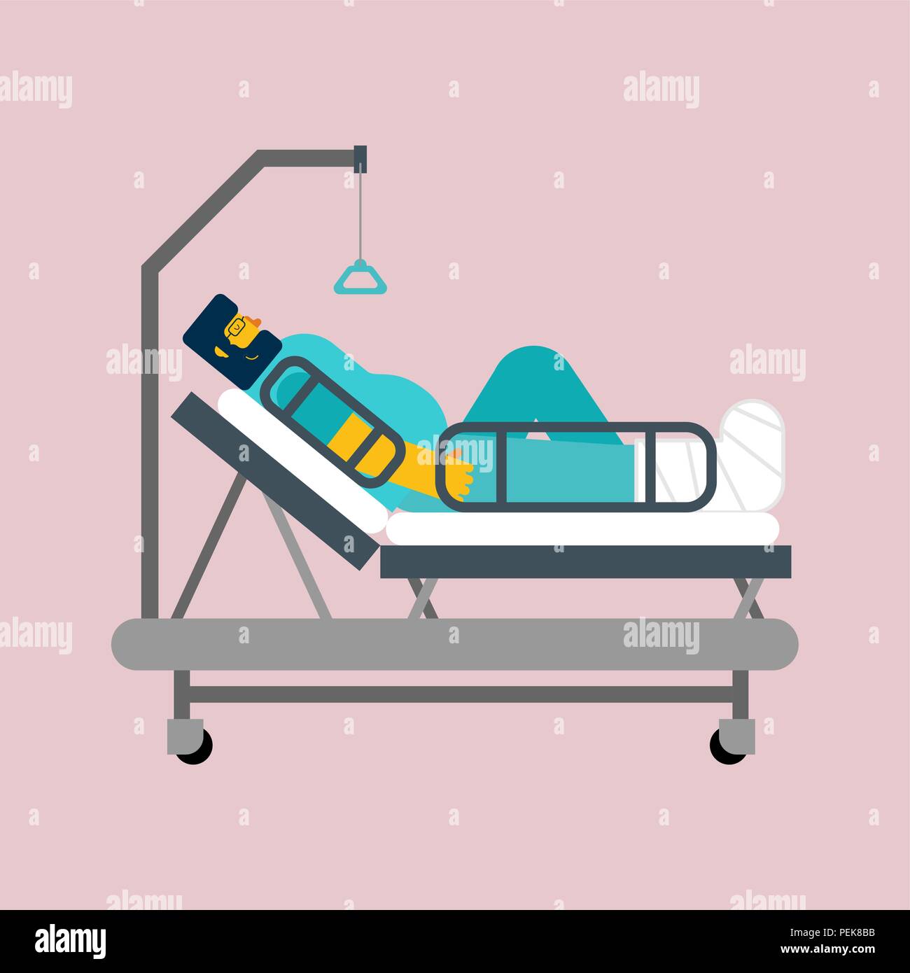 Paziente nel letto di ospedale isolato. l uomo si è fratturato la sua gambe malati. Il gesso sulla gamba. Illustrazione Vettoriale Illustrazione Vettoriale