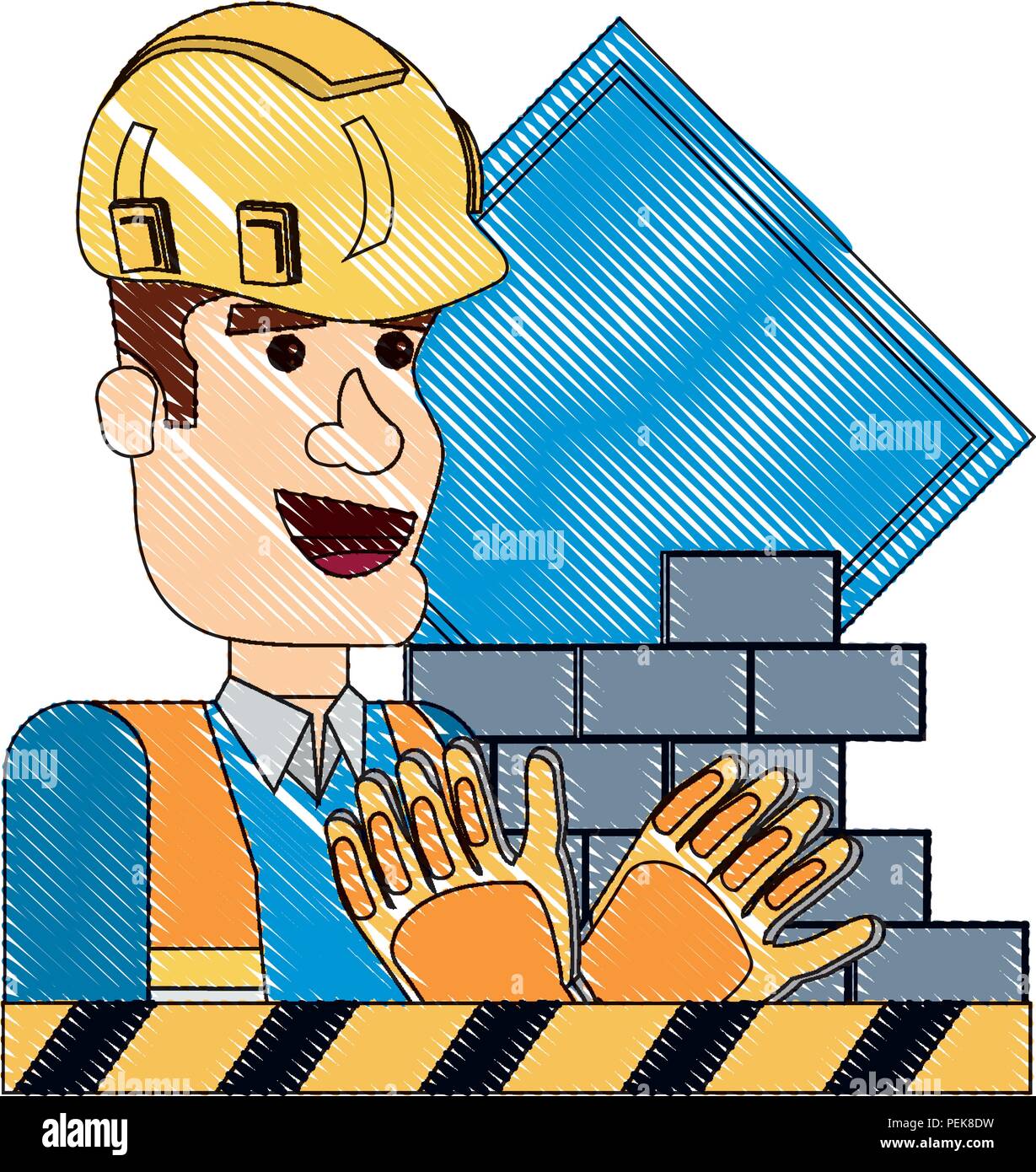 In costruzione design con lavoratore edile e le relative icone su sfondo bianco, illustrazione vettoriale Illustrazione Vettoriale