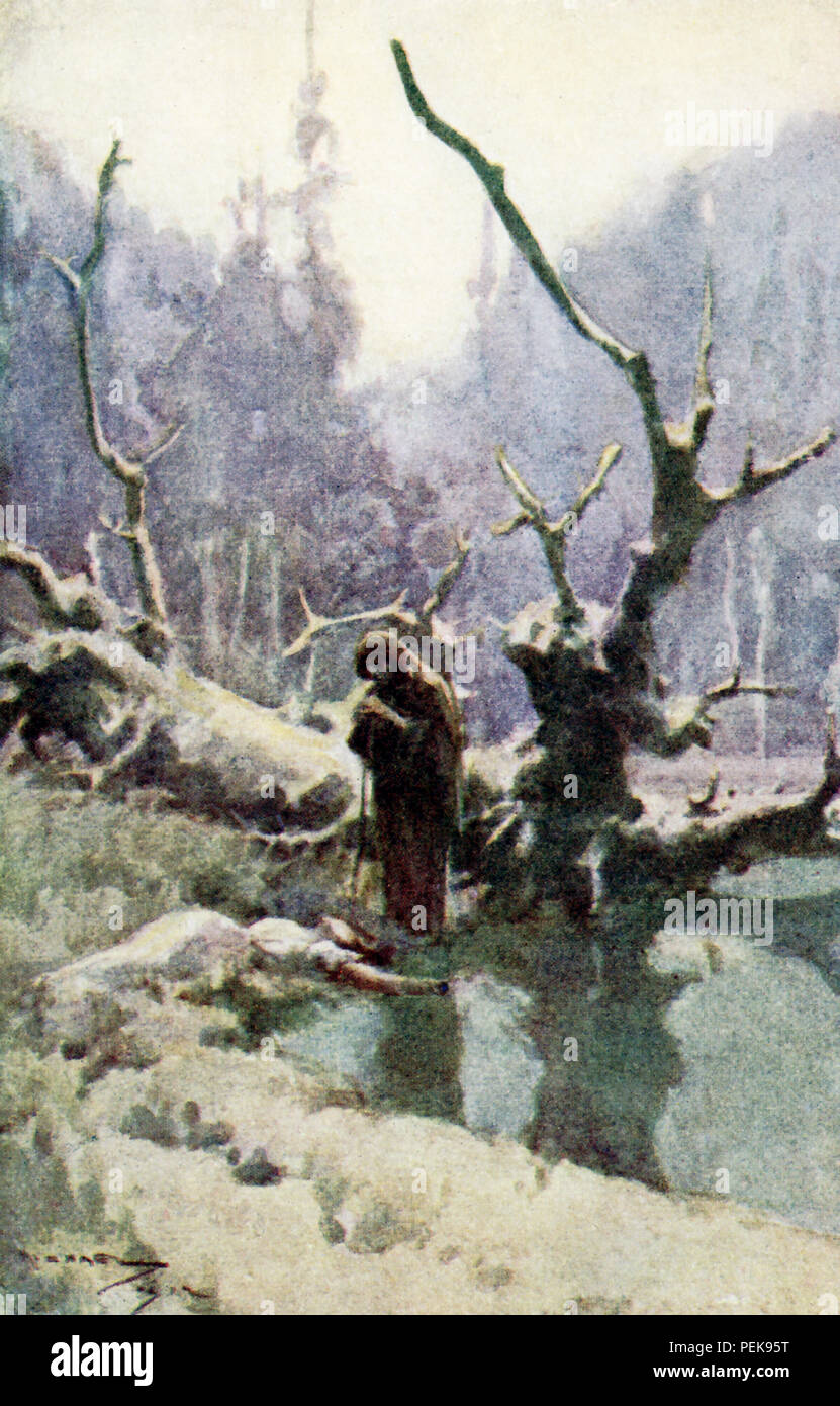 Questa illustrazione risale ai primi anni del Novecento e mostra una strega e una signora nel bosco. La scena è da Nathaniel Hawthorne's Twice-Ha detto i racconti e il racconto è il cavo di tre colline. La didascalia recita: quando la vecchia donna agitata la Madonna in ginocchio ha sollevato non la sua testa. "Qui è stato un dolce ora di spot,' ha detto il appassiti crone, ridacchiando a se stessa. Foto Stock