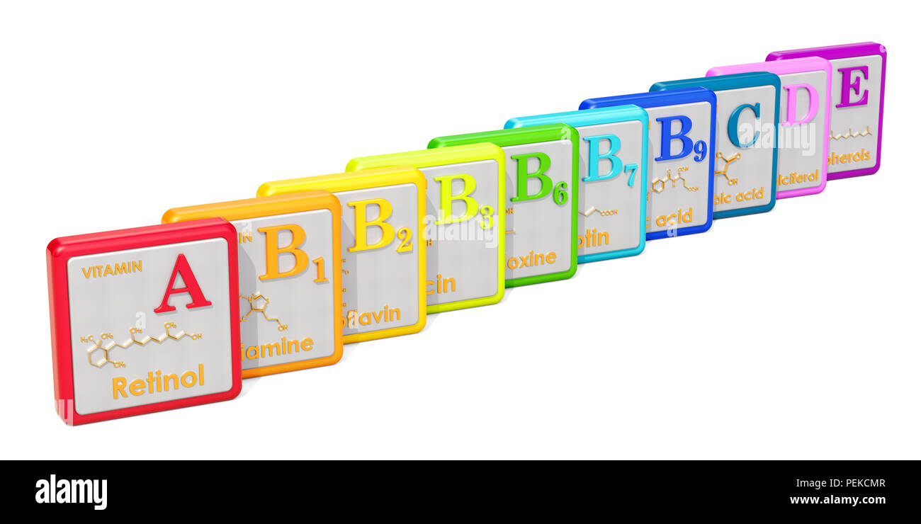 Set di vitamina colorate icone, 3D rendering isolati su sfondo bianco Foto Stock