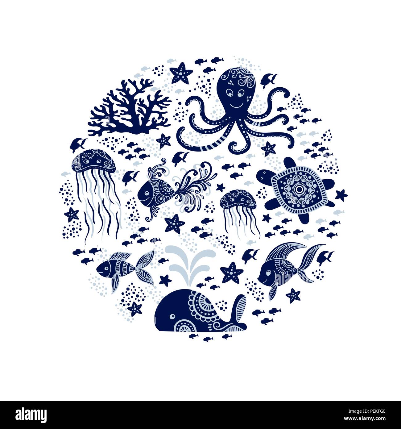 Cartoon animali marini in forma di cerchio. Carino creature sottomarine: whale, polipi, meduse, stelle marine e tartarughe. Perfetto per biglietti di auguri, stampe e disegni di bambini. Vector design nautico. Illustrazione Vettoriale