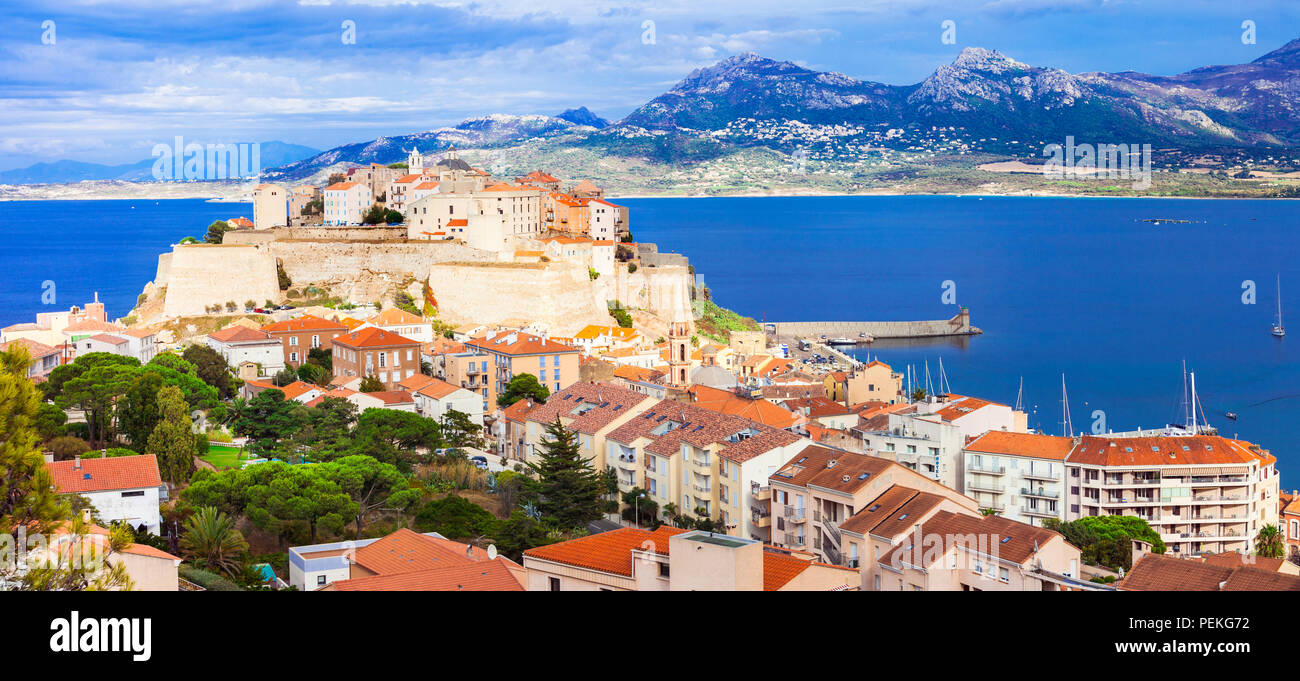 Bella città di Calvi,vista con il castello vecchio e il mare,Corsica,Francia. Foto Stock