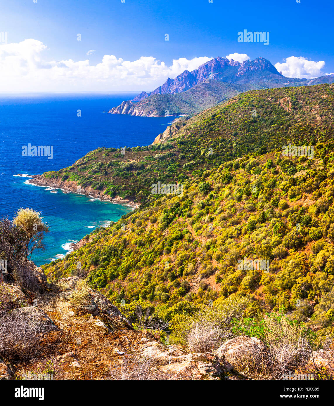 Impressionante paesaggio panoramico,vista con le montagne e il mare,Calanques,Corsica,Francia. Foto Stock