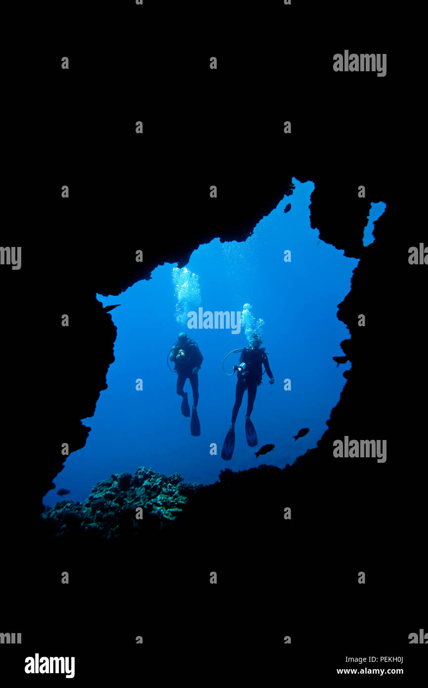 Divers (MR) Brillano le luci in una caverna di lava fuori dell'isola di Lanai, Hawaii. Foto Stock