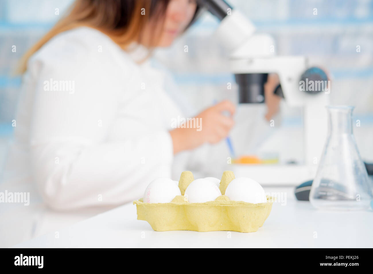 Controllo di Qualità Controllo di esperti presso le uova di gallina in laboratorio, pesticidi e erbicidi test del contenuto Foto Stock
