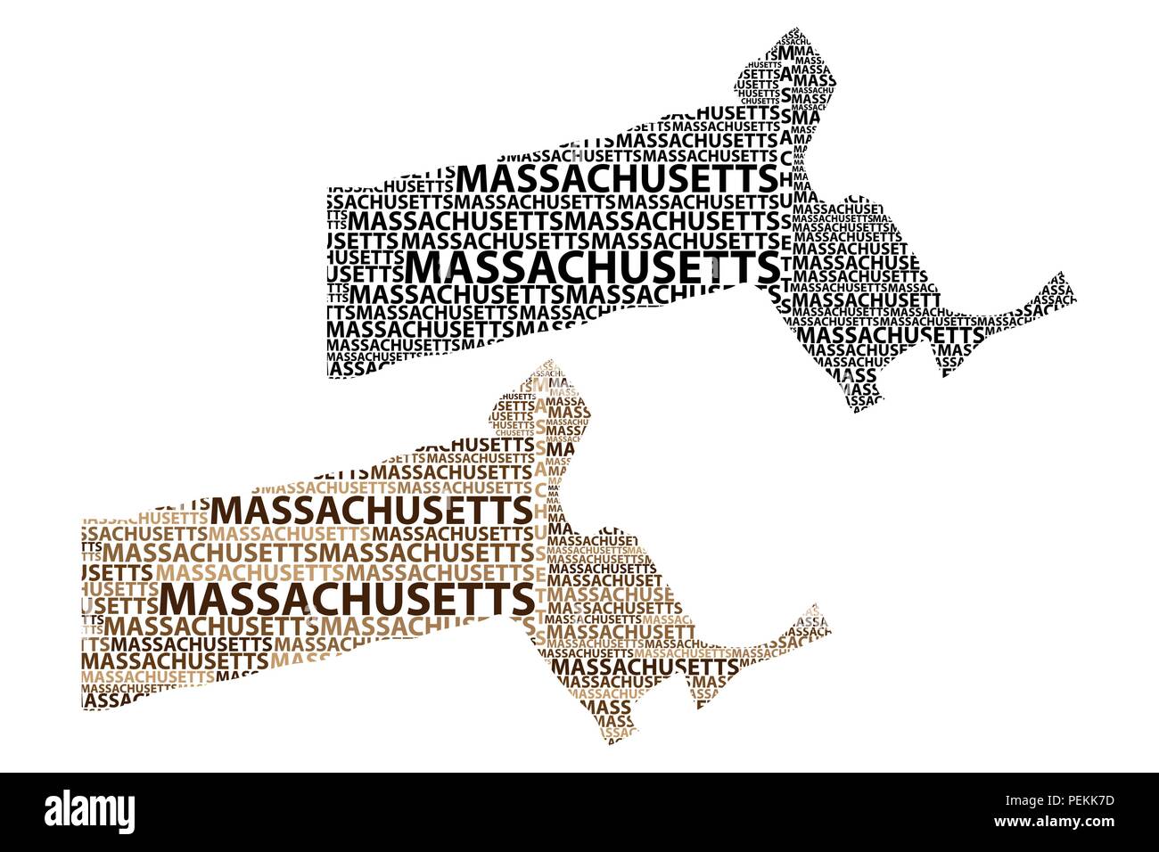 Schizzo Massachusetts (Stati Uniti d'America) testo lettera mappa, Massachusetts mappa - nella forma del continente, Mappa Massachusetts - marrone e blac Illustrazione Vettoriale