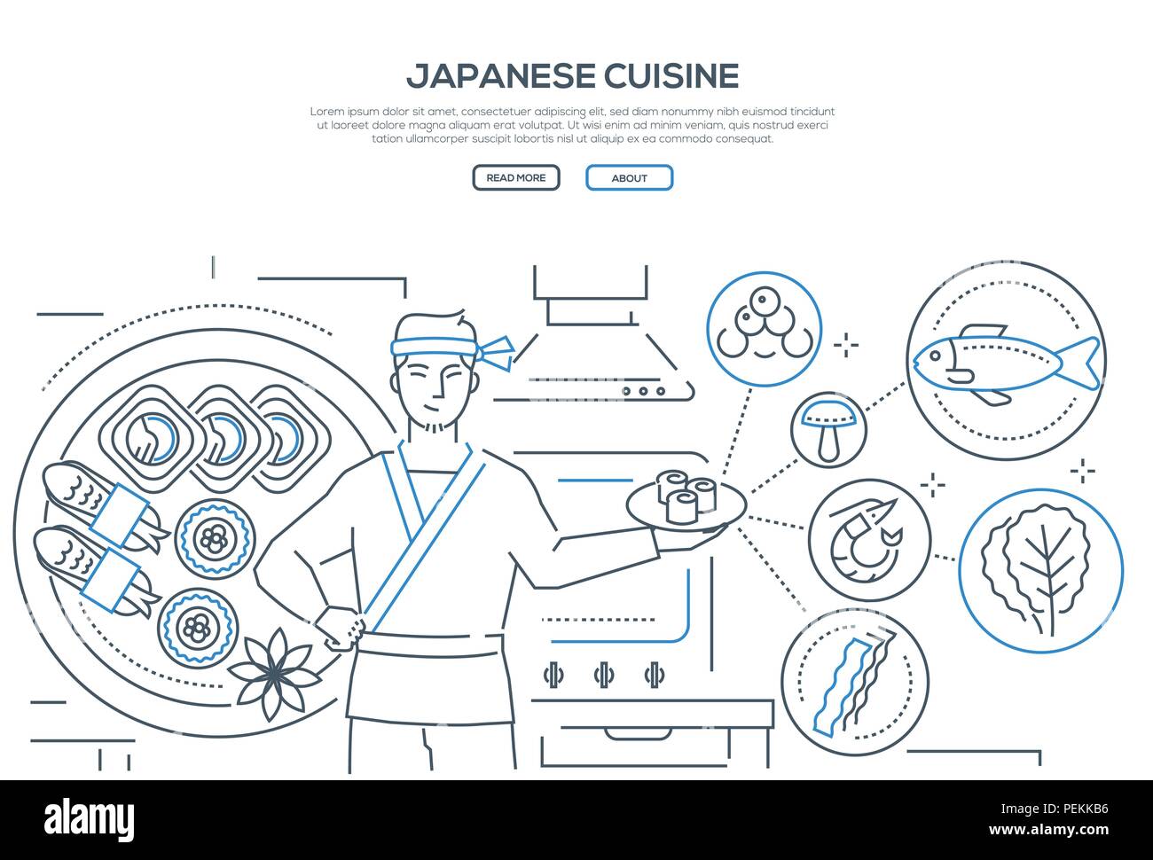 Cucina giapponese - una linea sottile stile di design banner Illustrazione Vettoriale