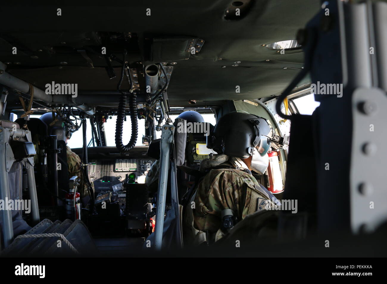Soldati del secondo battaglione, 238th reggimento di aviazione e 2° Battaglione, 104th reggimento di aviazione, quarantesimo combattimento Brigata Aerea, battere la loro UH-60 Black Hawk elicottero sopra il nord Golfo Arabico, Dic 31. Due quarantesimo della cabina i falchi nero e tre AH-64 elicotteri Apache dal 3° Stormo, 6° reggimento di cavalleria, praticato lo sbarco a bordo della USNS Alan Shepard. (Foto di Staff Sgt. Ian M. Kummer, quarantesimo combattimento Brigata Aerea Affari pubblici/rilasciato) Foto Stock