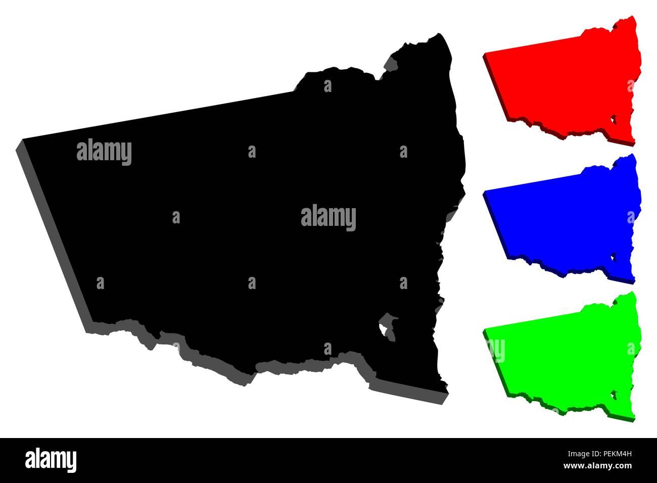 Mappa 3D del Nuovo Galles del Sud (Stati australiani e territori, NSW) - nero, rosso, blu e verde - illustrazione vettoriale Illustrazione Vettoriale