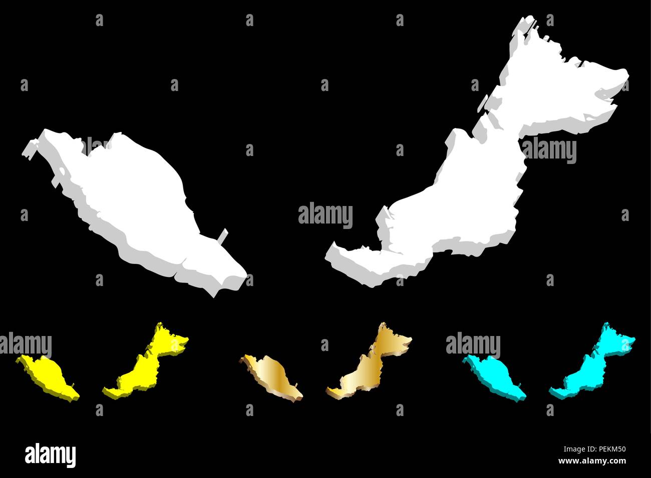Mappa 3D della Malesia (Malesia peninsulare e Borneo malese - bianco, giallo, blu e oro - illustrazione vettoriale Illustrazione Vettoriale
