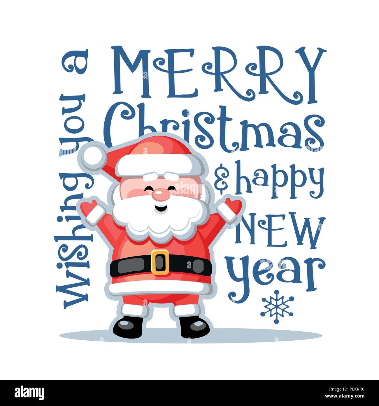 Buon Natale e Felice Anno Nuovo. Biglietto di auguri divertente con Babbo Natale su sfondo bianco. Illustrazione Vettoriale