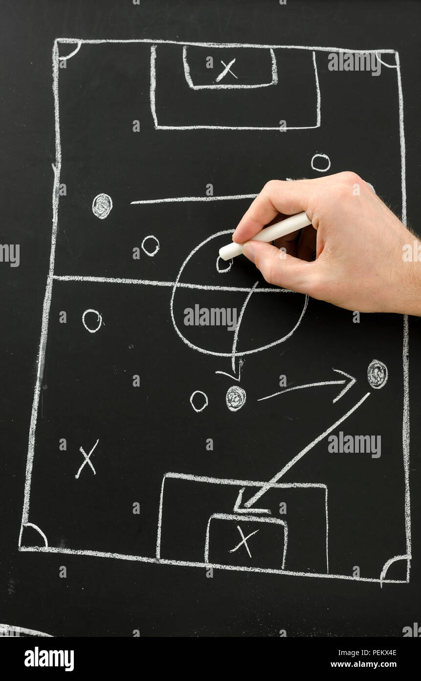 Maschio lato disegna un gioco di calcio su una lavagna con gesso. Vista dall'alto. Foto Stock
