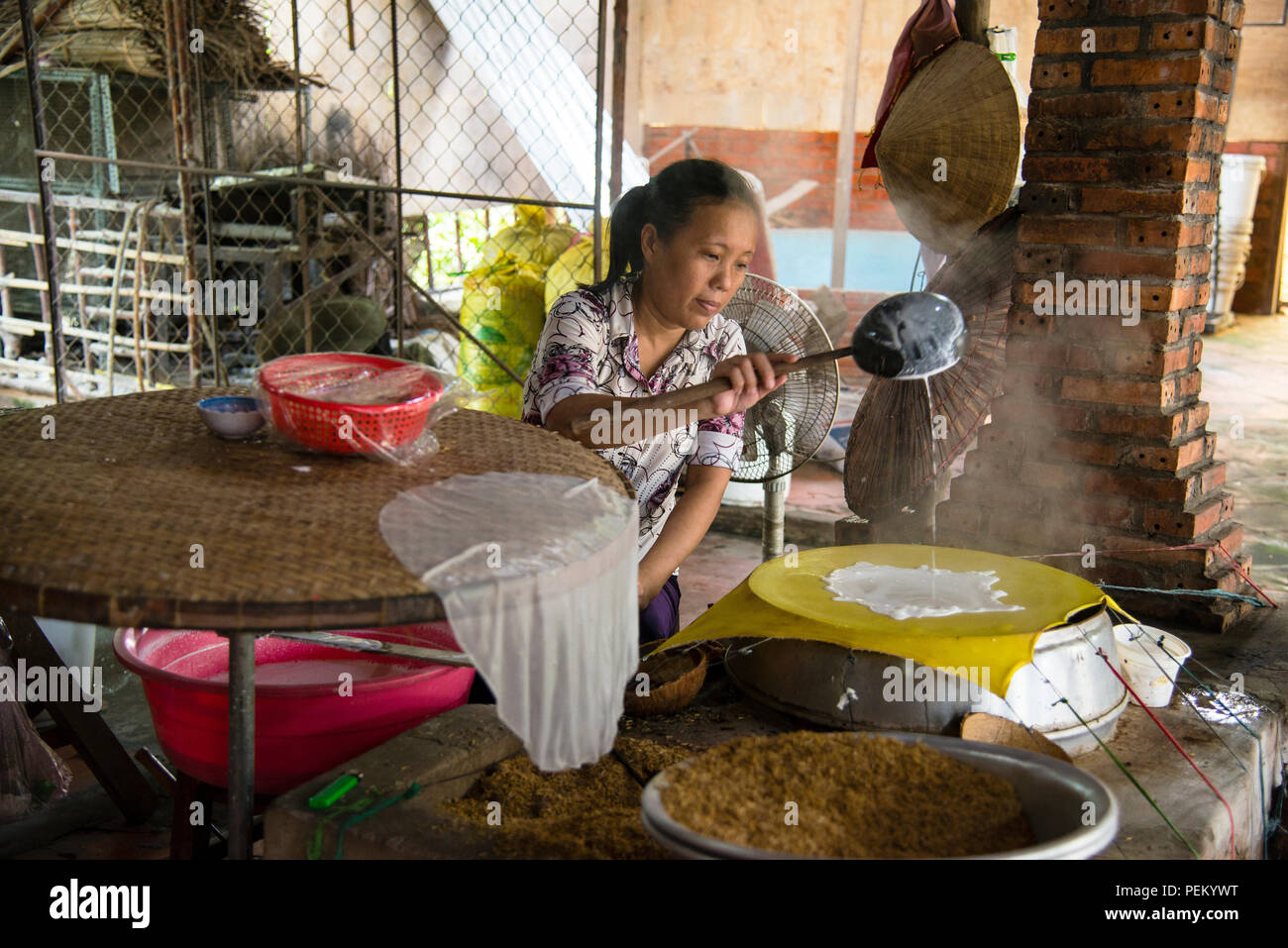 Sul delta del fiume Mekong in un piccolo villaggio una dimostrazione di carta sottile di riso, in Vietnam. Foto Stock