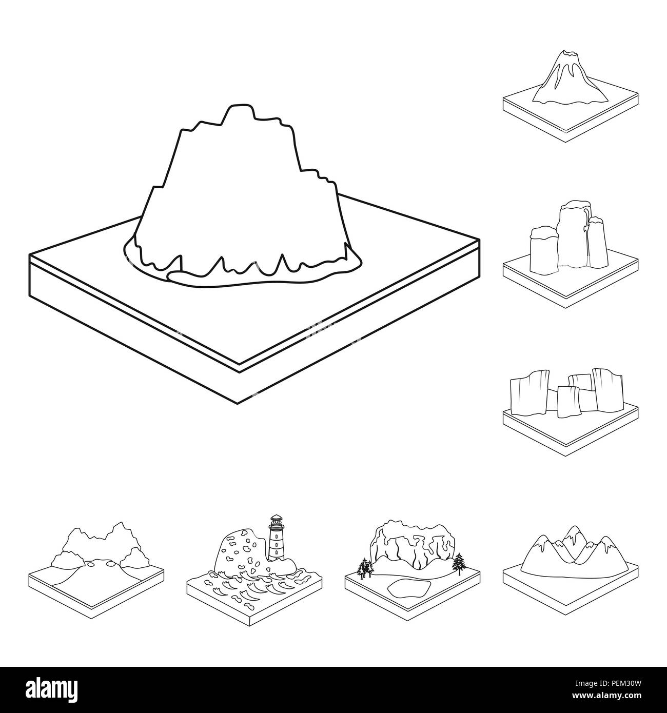 Montagne, sagoma massiccia icone nella raccolta di set per il design. La superficie della terra vettore simbolo isometrica stock illustrazione. Illustrazione Vettoriale