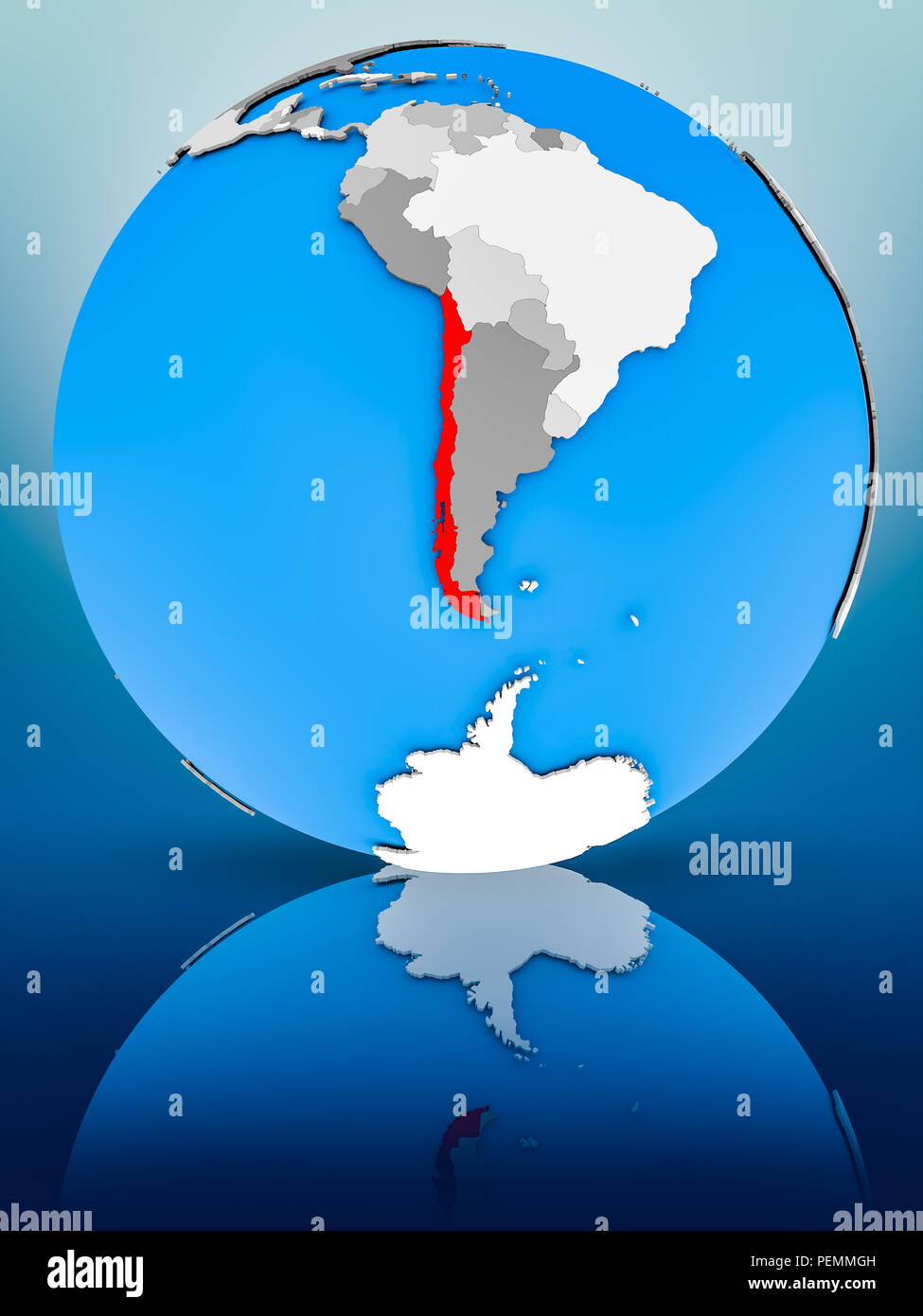 Il Cile sul globo terrestre riflettendo sulla superficie. 3D'illustrazione. Foto Stock
