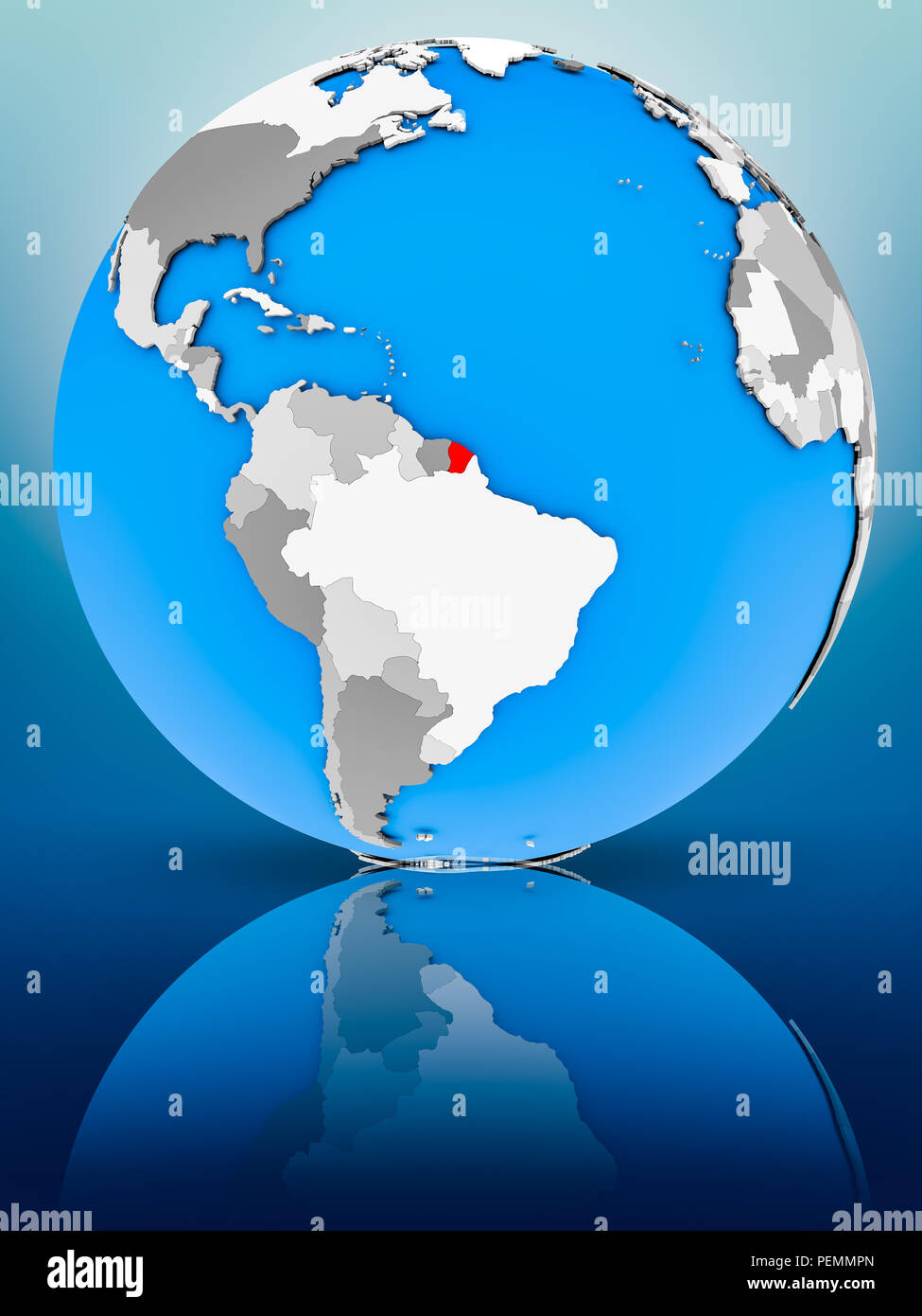 Guiana francese sul globo terrestre riflettendo sulla superficie. 3D'illustrazione. Foto Stock