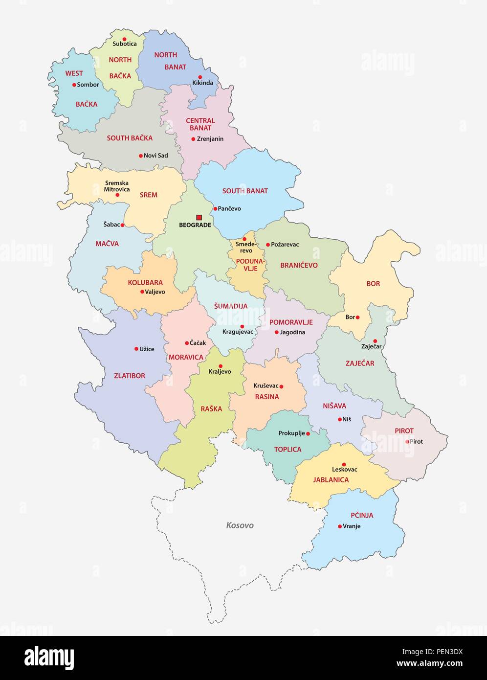 Politica e amministrativa di mappa vettoriale della Repubblica di Serbia. Illustrazione Vettoriale