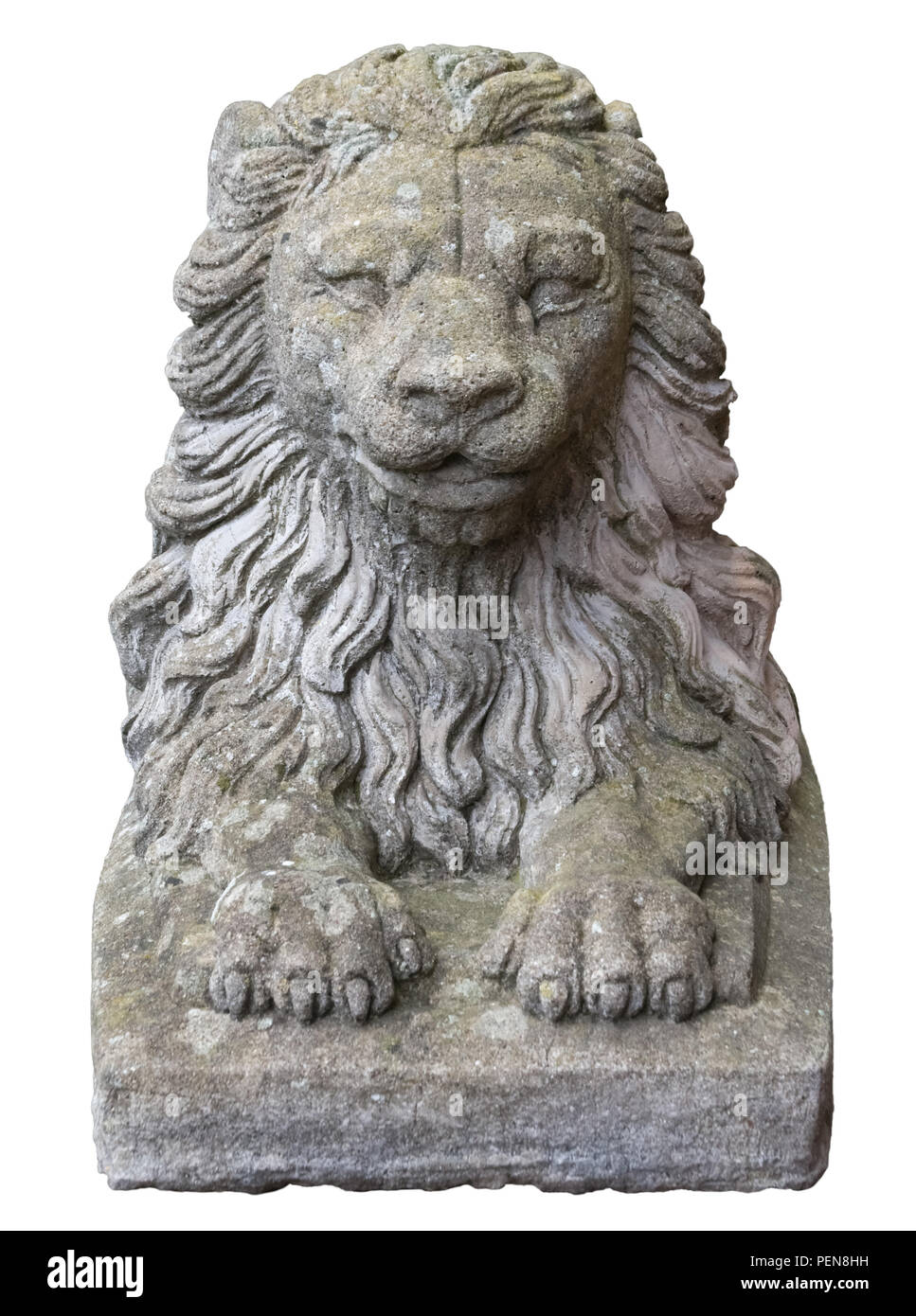 Verwitterte Löwenstatue aus Marmor als Wächter Foto Stock