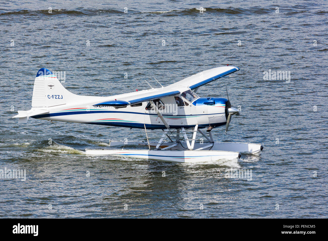 Idrovolante C-FZZJ, un De Havilland DHC-2 Beaver Mk.1, tenendo i turisti per una fuga di piacere dal porto di Vancouver, British Columbia, Canada Foto Stock