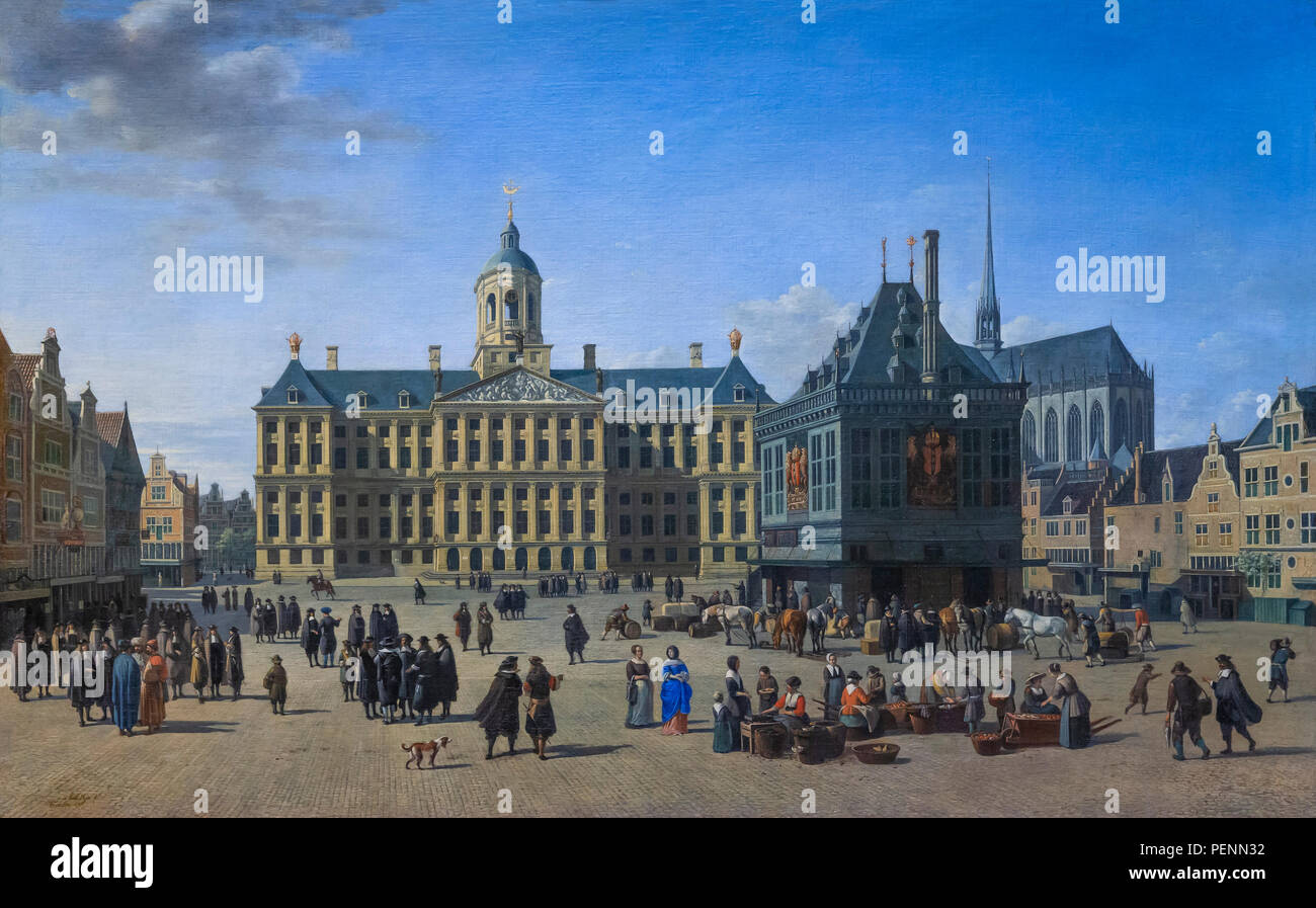 Piazza Dam in Amsterdam, Gerrit Adriaensz. Berckheyde, 1668, Indianapolis Museum of Art, Indianapolis, Indiana, Stati Uniti d'America, America del Nord Foto Stock