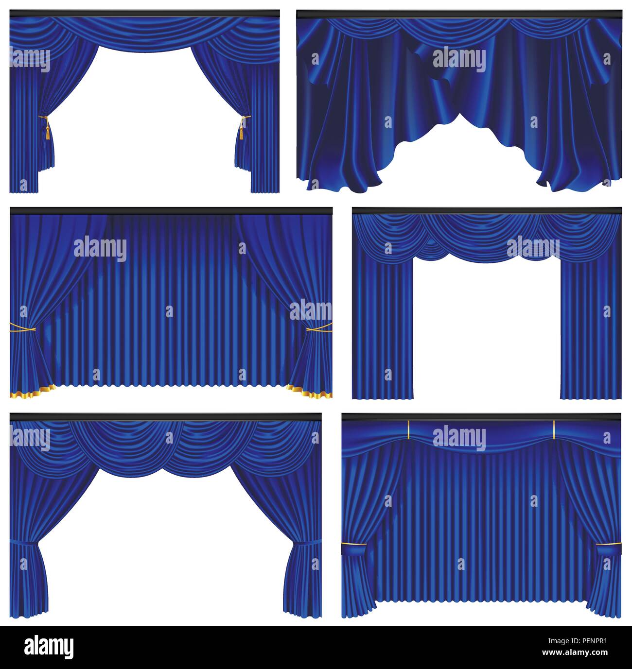 Set di lusso blu tende e drappeggi su sfondo bianco, realistici illustrazione vettoriale Illustrazione Vettoriale