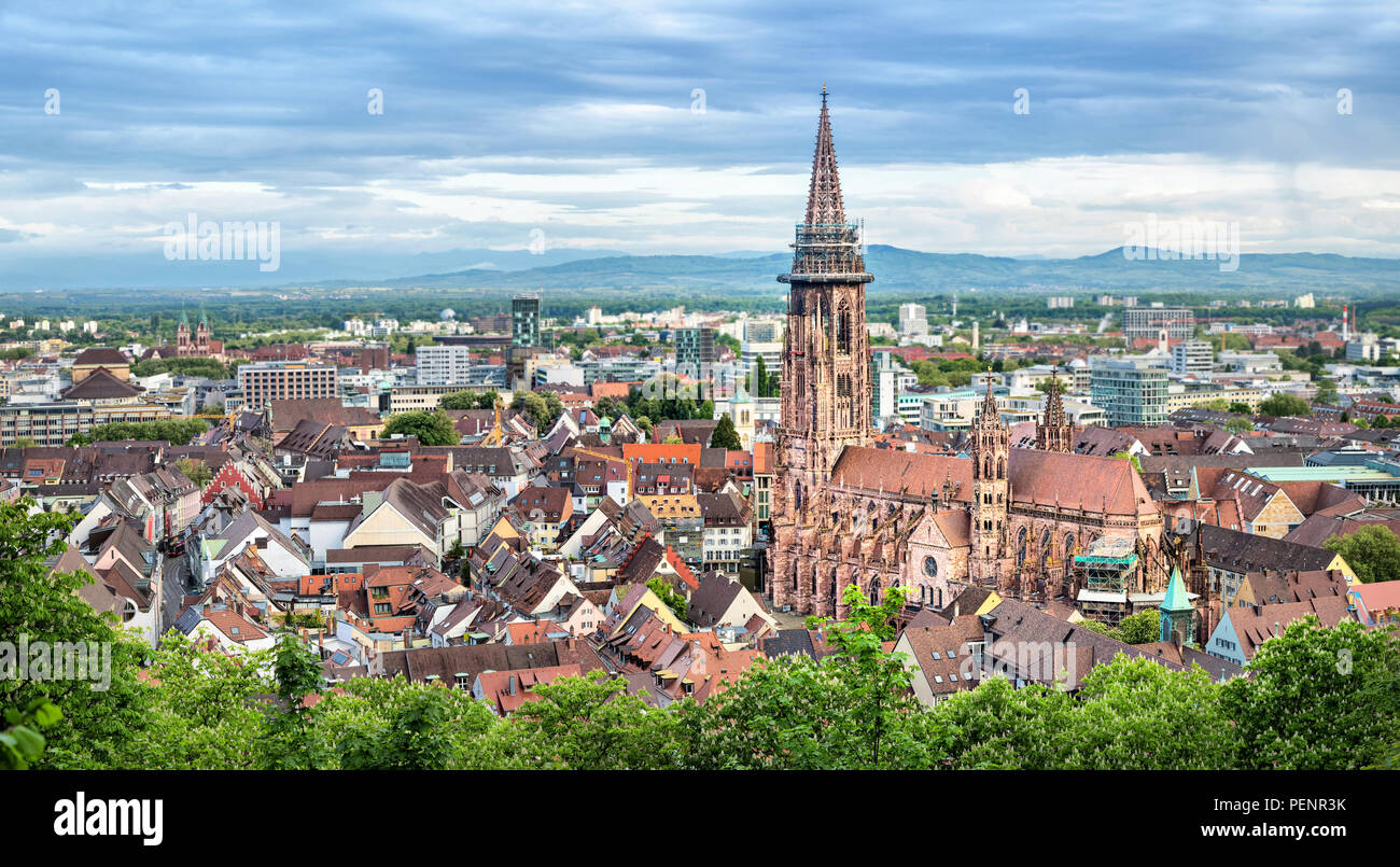 Panoramica aerea di Freiburg im Breisgau con cattedrale in primo piano, Germania Foto Stock