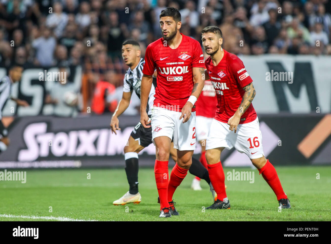 Salonicco, Grecia - 8 Agosto 2018: il giocatore di Spartak Samuel Gigot in azione durante la UEFA Champions League terzo turno di qualificazione , tra PAOK Foto Stock