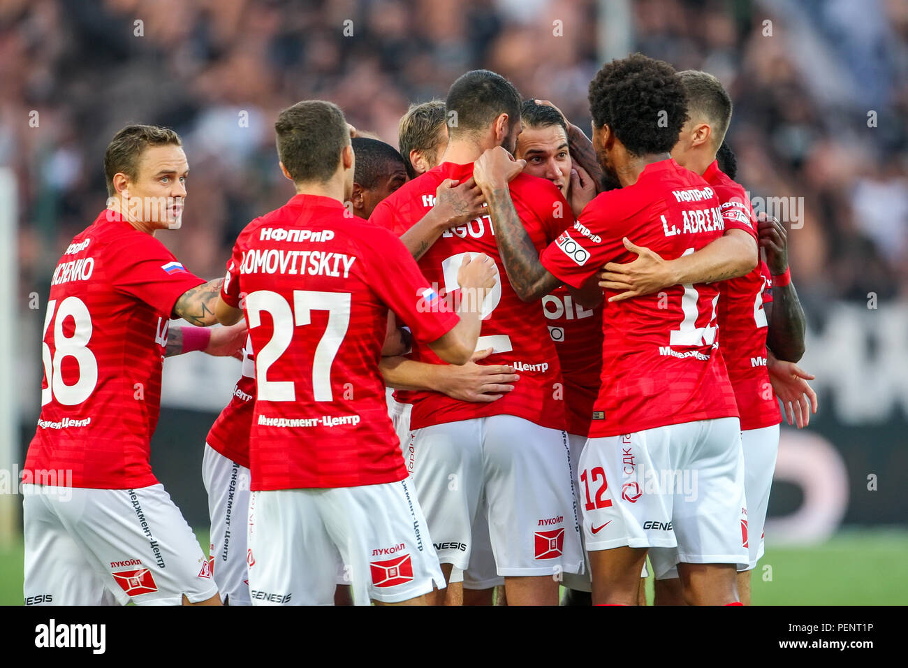 Salonicco, Grecia - 8 Agosto 2018: i giocatori di Spartak celebrare durante la UEFA Champions League terzo turno di qualificazione , tra PAOK vs FC S Foto Stock