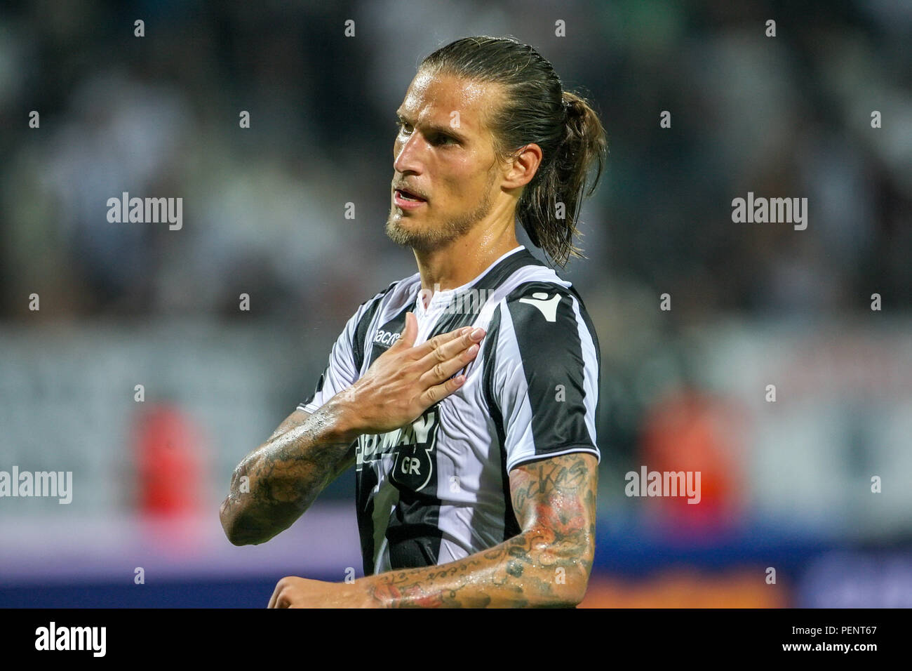 Salonicco, Grecia - 8 Agosto 2018: il giocatore di PAOK Aleksandar Prijovic in azione durante la UEFA Champions League terzo turno di qualificazione , tra Foto Stock