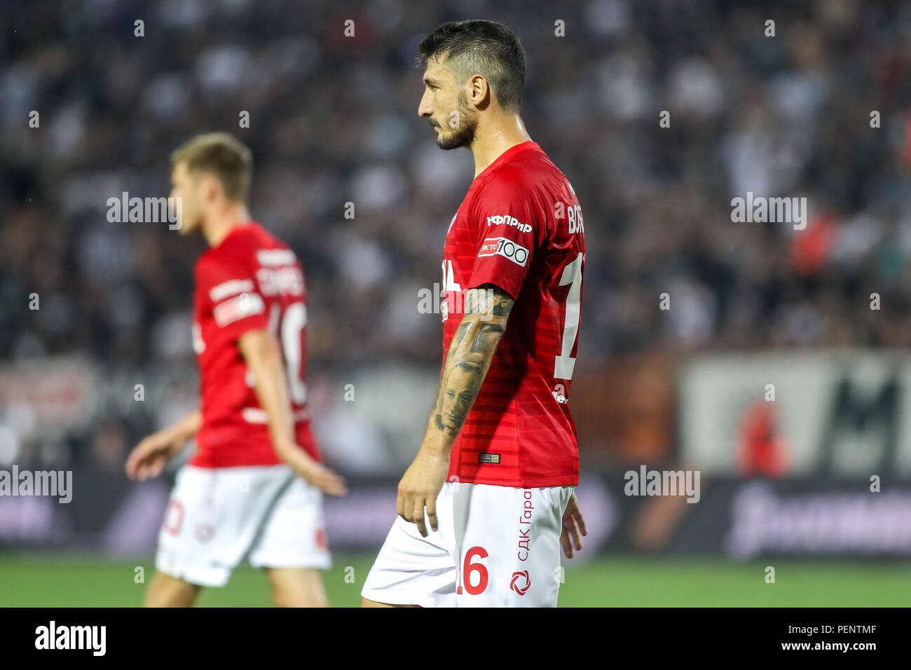 Salonicco, Grecia - 8 Agosto 2018: il giocatore di Spartak Salvatore Bocchetti in azione durante la UEFA Champions League terzo turno di qualificazione , betwe Foto Stock