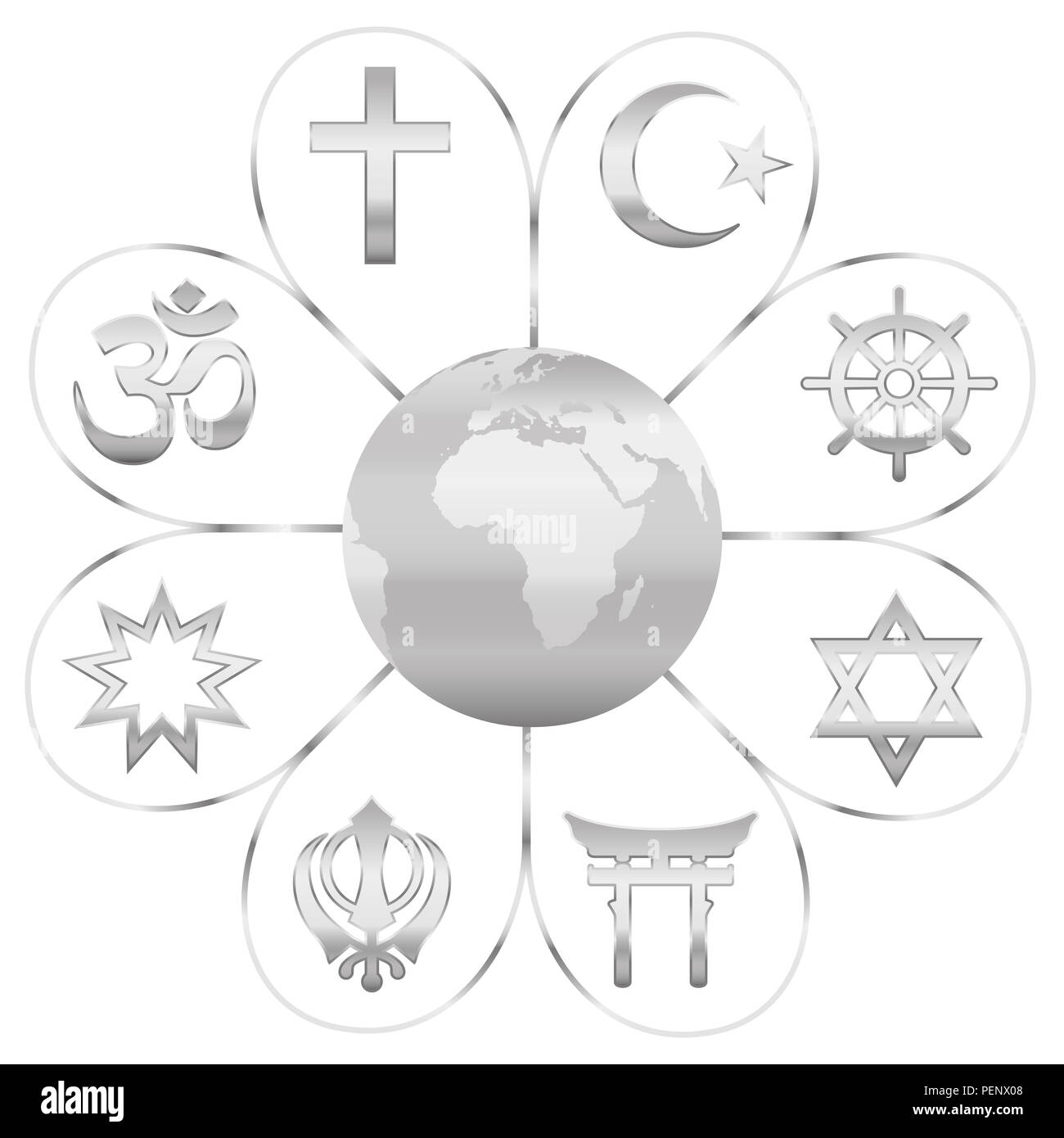 Le religioni del mondo uniti su un fiore in argento con il pianeta terra in centro. Segni di grandi gruppi religiosi e religioni. Foto Stock