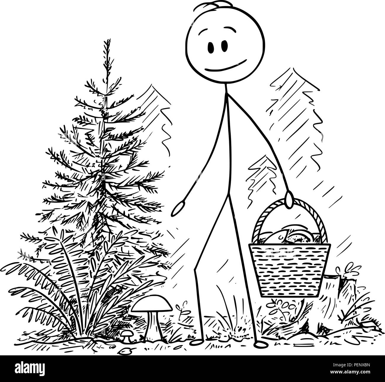 Cartoon di Man Picking funghi commestibili in foresta Illustrazione Vettoriale