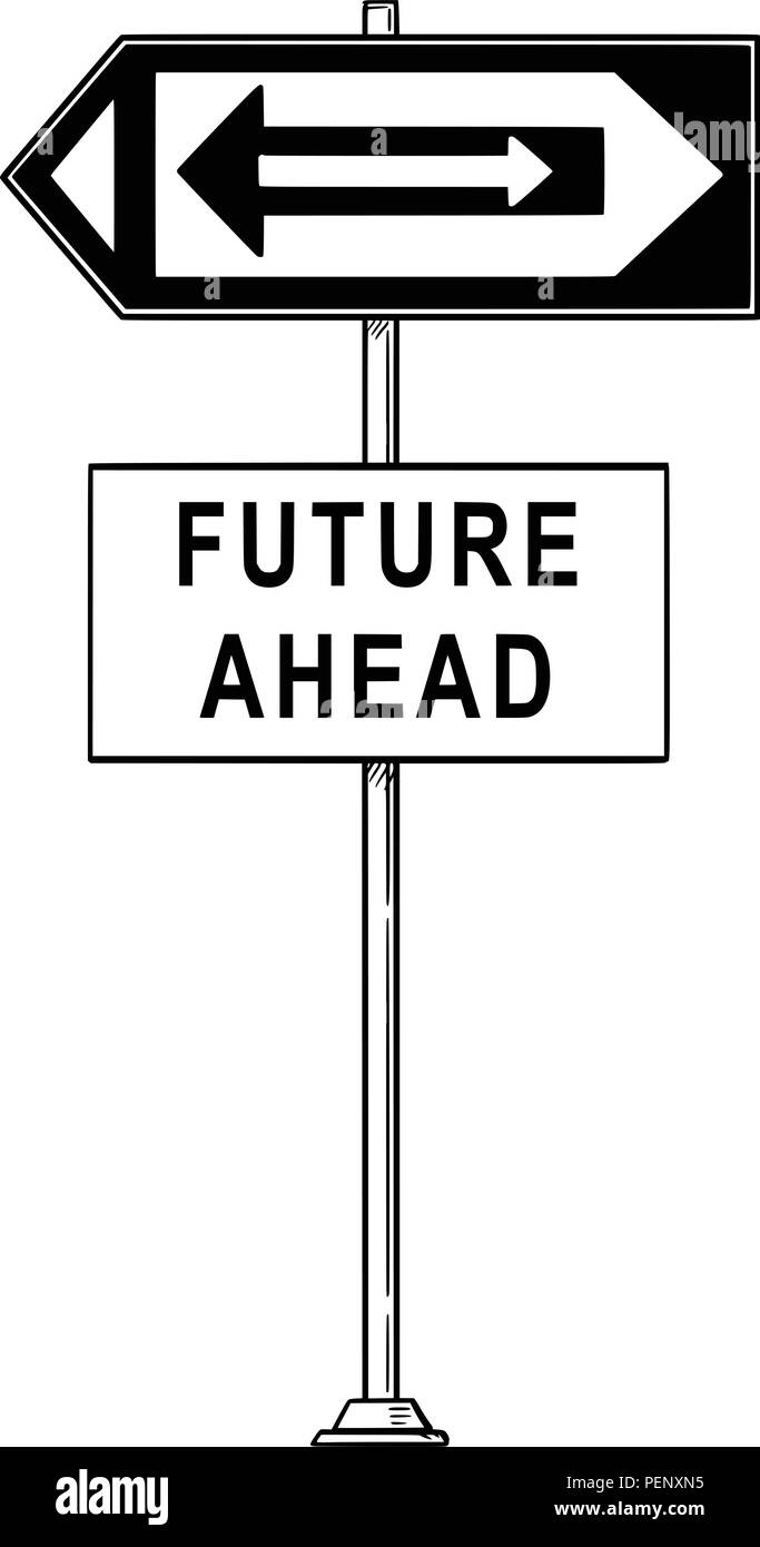 Vettore di disegno del fumetto di confondere segno di traffico con le frecce rivolte sia a sinistra che a destra e il futuro davanti il testo Illustrazione Vettoriale