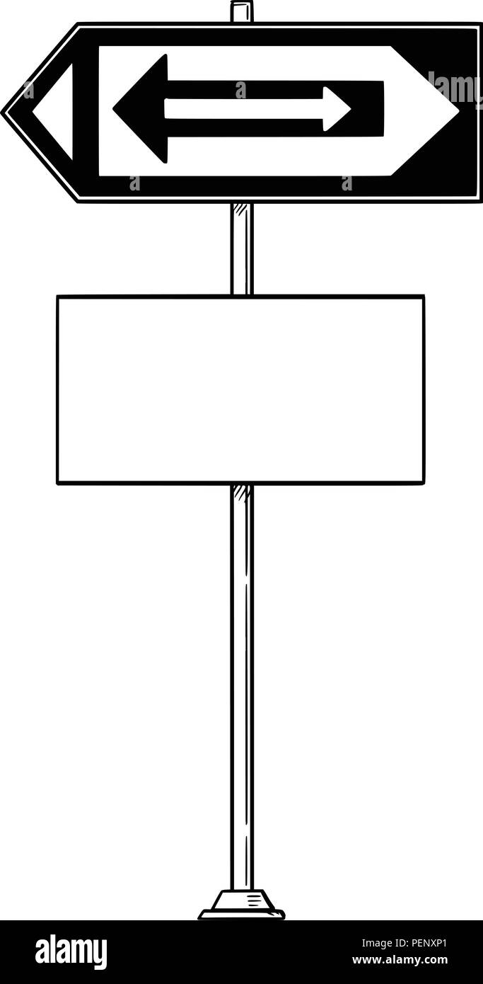 Vettore di disegno del fumetto di confondere segno di traffico con le frecce rivolte sia a sinistra e a destra e lo spazio vuoto per il testo Illustrazione Vettoriale