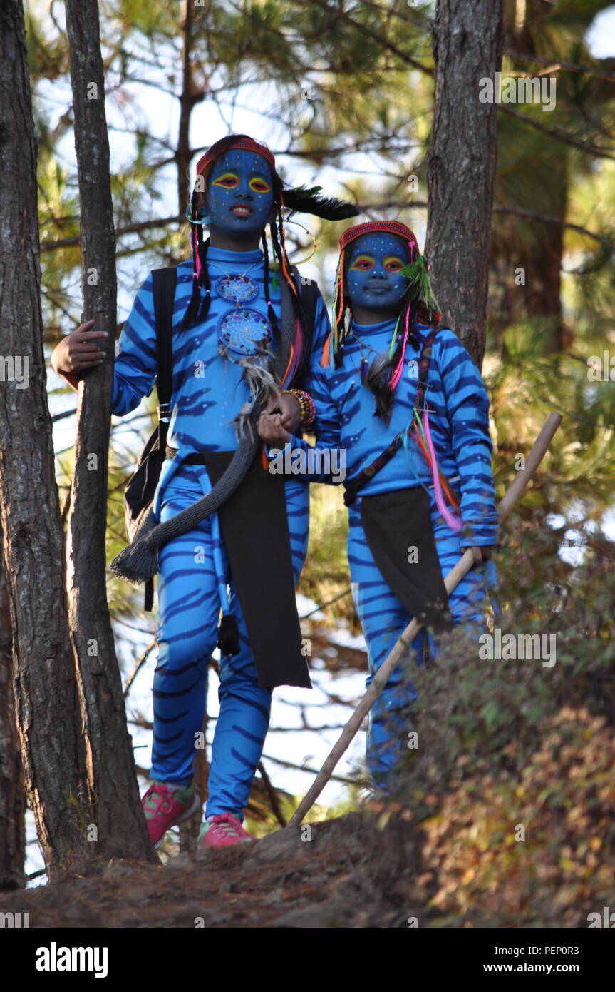 Due giovani ragazze avatar Keytiri e Feytiri arrivando a mt. Ulap e roaming in tutta la fitta foresta di pini al Ampucao Sta. Fe creste. Foto Stock