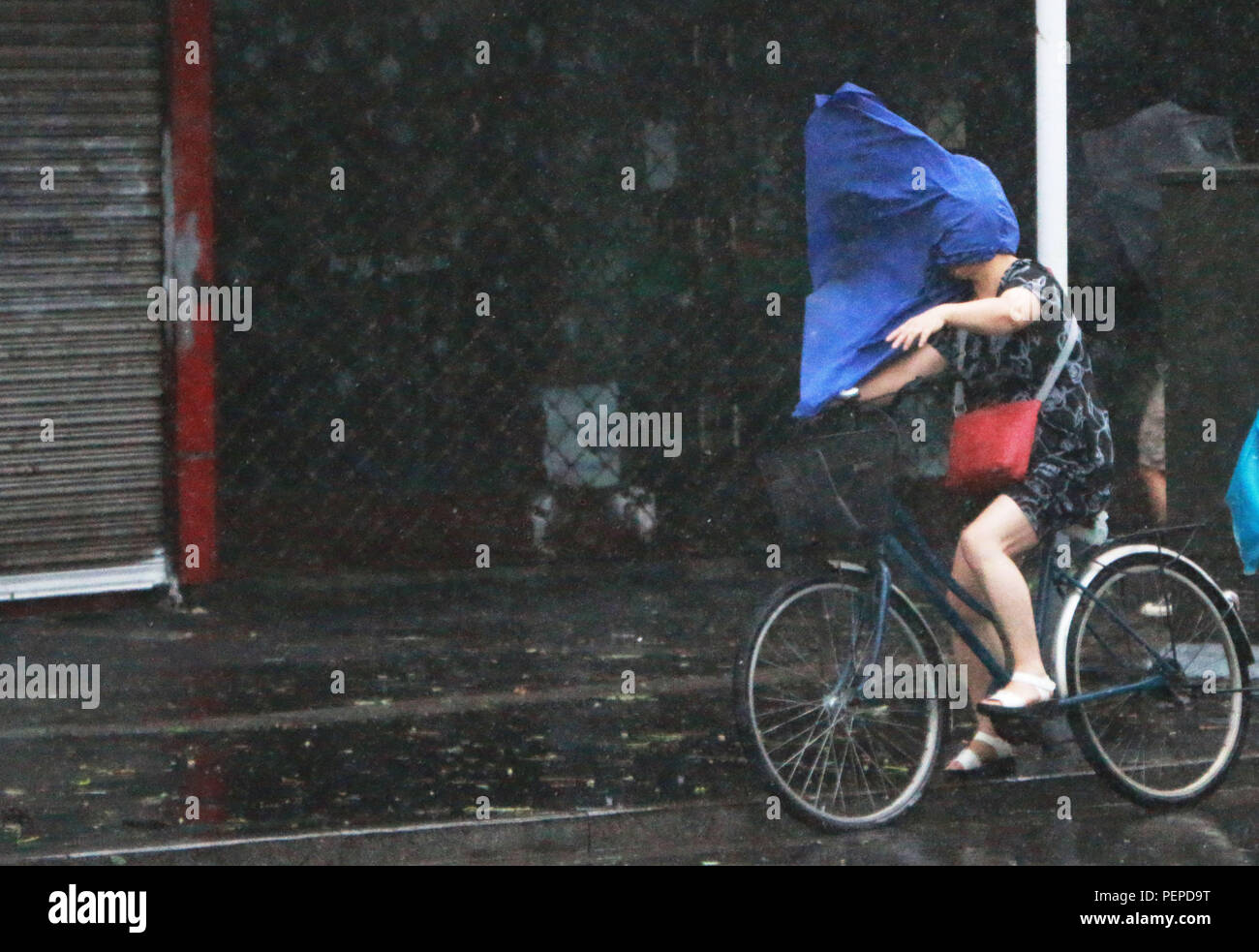 Nanjing, cinese della provincia di Jiangsu. 17 Ago, 2018. Un cittadino si sposta contro le piogge in Nanjing East cinese della provincia di Jiangsu, Agosto 17, 2018. Typhoon Rumbia, xviii quest'anno, fatto approdo a circa 4:05 a.m. Venerdì nella Pudong New Area di Shanghai. Essa ha portato piogge torrenziali e venti forti a Nanjing venerdì pomeriggio. Credito: Li Yuze/Xinhua/Alamy Live News Foto Stock