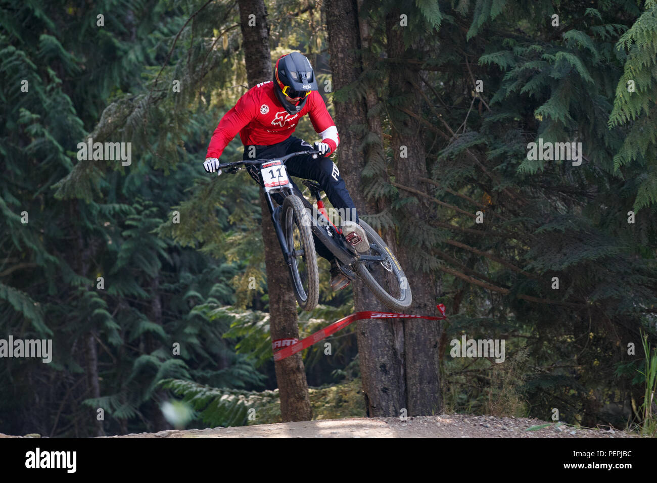 Magnus Manson (CAN) riding al secondo posto nel 2018 pro uomini Crankworx Fox Air DH concorrenza in Whistler, BC, Canada. Agosto 15, 2018. Foto Stock