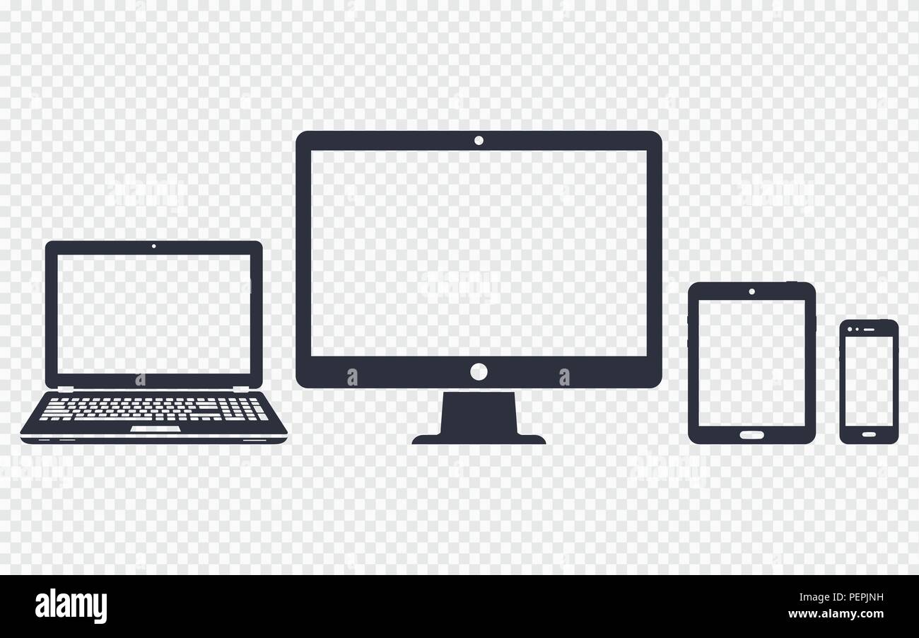 Icone della periferica - computer desktop, notebook, smart phone e tablet su sfondo trasparente. Illustrazione Vettoriale Illustrazione Vettoriale