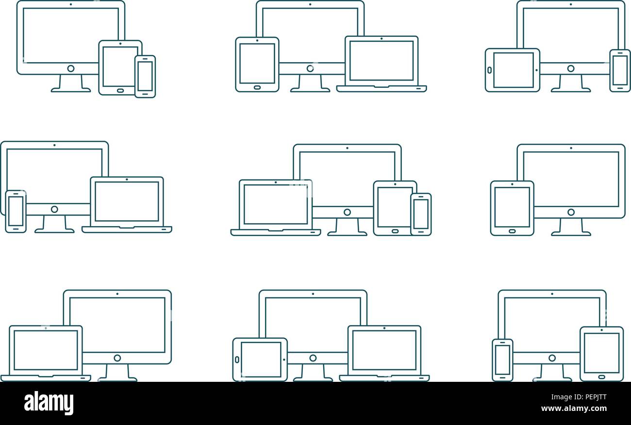 Set di vettore di delineare le icone del dispositivo. Monitor, laptop, tablet pc e smartphone. Illustrazione Vettoriale