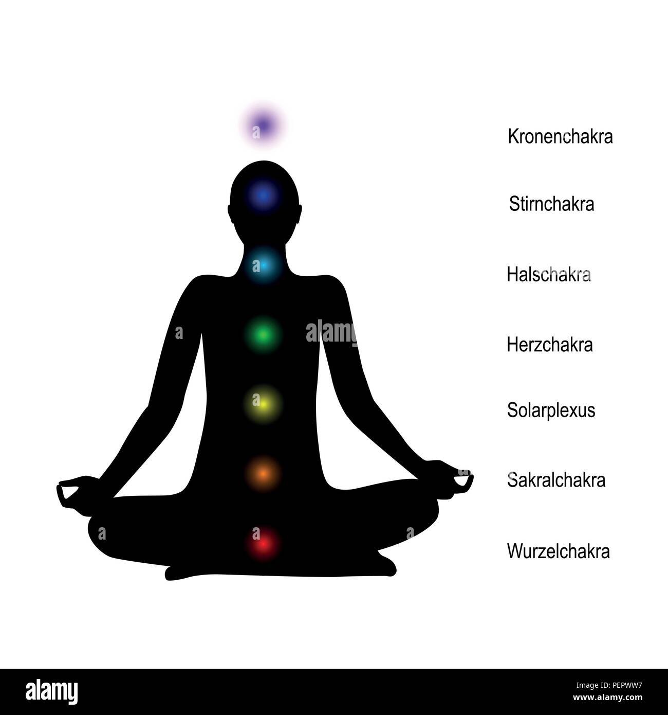 Persona di yoga in una lotus rappresentano silhouette nera punti chakra om illustrazione vettoriale EPS10 Illustrazione Vettoriale