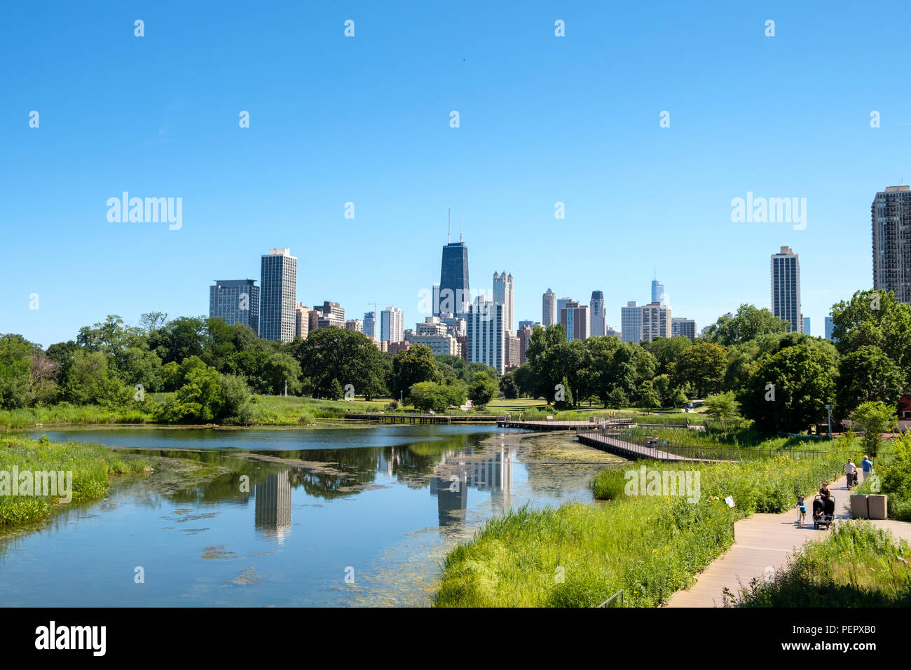 Skyline e natura Boardwalk presso il Lincoln Park Zoo in estate, Chicago, Illinois, Stati Uniti d'America Foto Stock