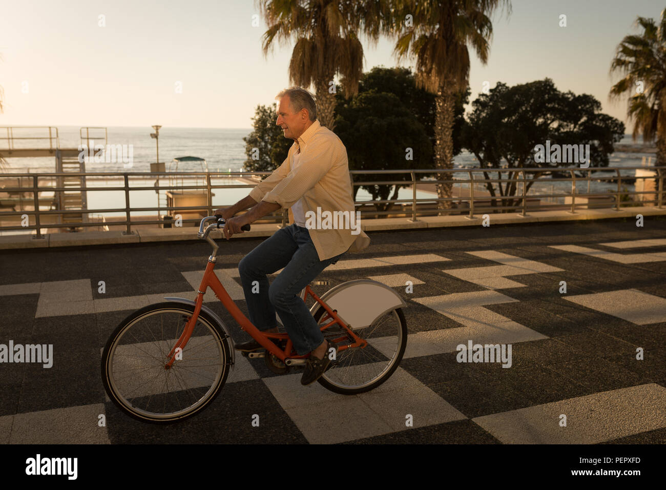 Senior uomo Bicicletta Equitazione presso il lungomare Foto Stock